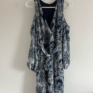 Navy and White Patterned cold shoulder Dress